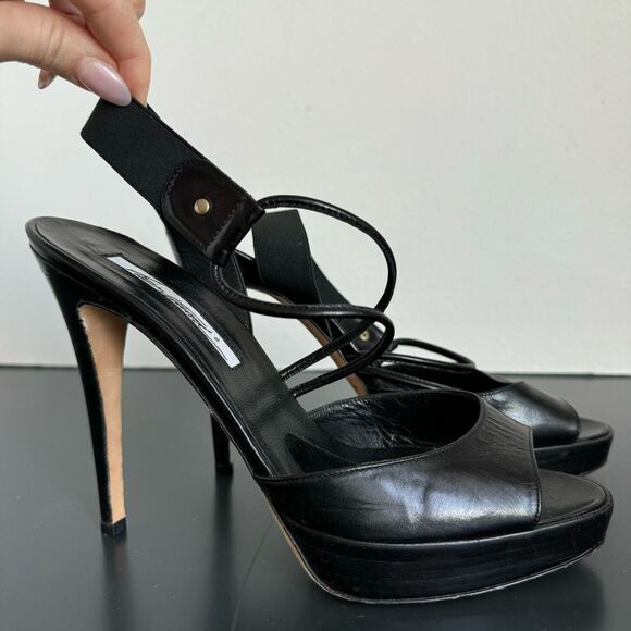 Brian Atwood Black Leather Party Dancing Sexy Platform 5” Heel Size 9.5 EU 40 - Picture 1 of 11